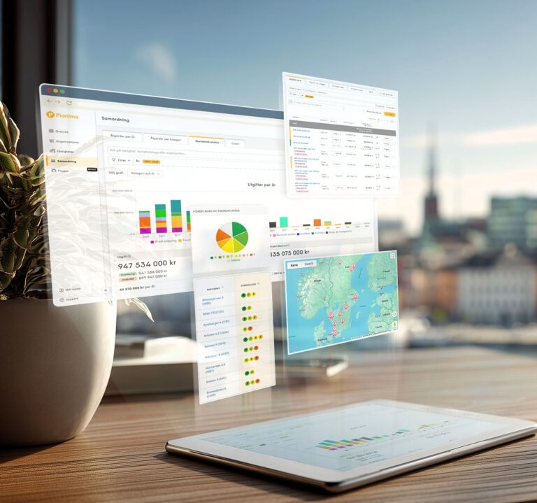 Underhållsplanering för hotellfastigheter. Dator med Planima digitalt verktyg.
